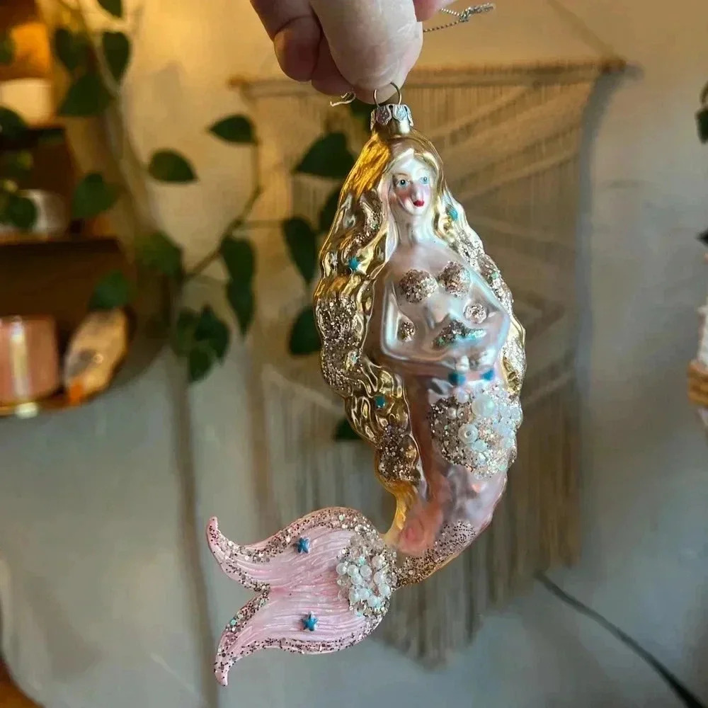 Glass Mermaid Christmas Ornament with Glitter and Pearl Accents